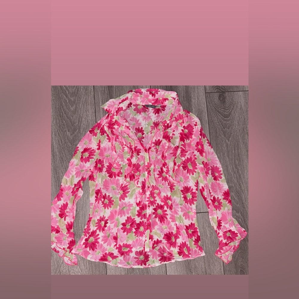 Per Una Girls Size 12 Large Long Sleeved Sheer Floral Blouse Ruffles Button Down